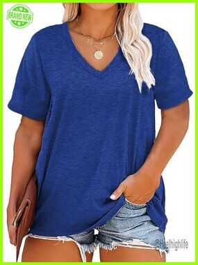 Plus Size V Neck T-Shirt Short Sleeve Loose Fit Cotton Blend Tee